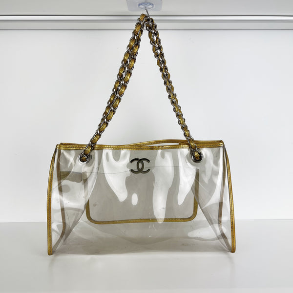 Chanel Clear Black Leather Trim Silver Large Carryall Shopper Shoulder Tote Bag