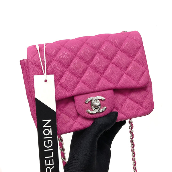 Square Mini Flap Bag Quilted Caviar Leather with SHW Hot Pink