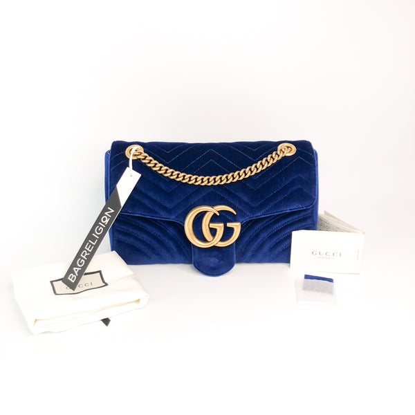 Marmont Matelasse Medium Shoulder Bag in Blue Velvet Bag Religion