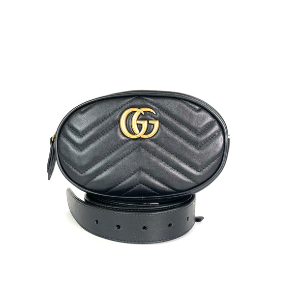 Gucci Marmont Mini Belt Bag Black Matelasse 100% Leather Size 85