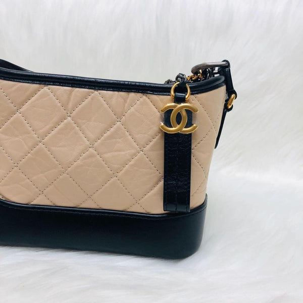 CHANEL Aged Calfskin Quilted Small Gabrielle Hobo Beige Black 1302635