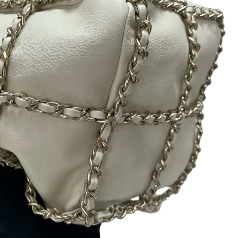 Chain Bucket Drawstring Lambskin White GHW