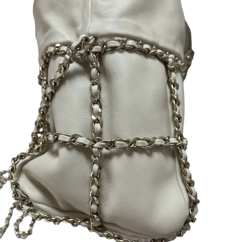 Chain Bucket Drawstring Lambskin White GHW