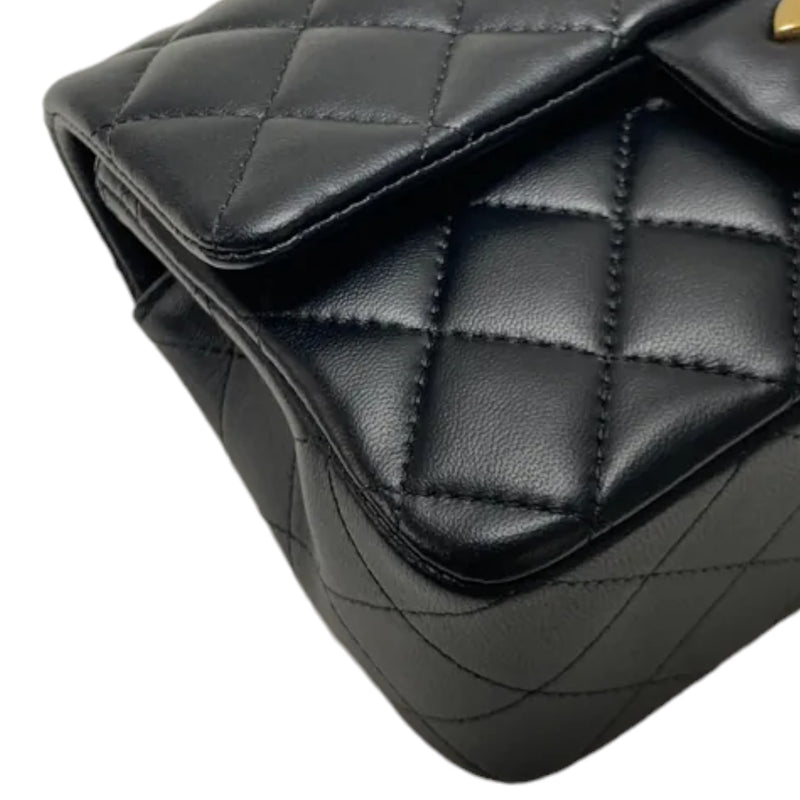 Top Handle Rectangular Flap Mini Lambskin Black GHW