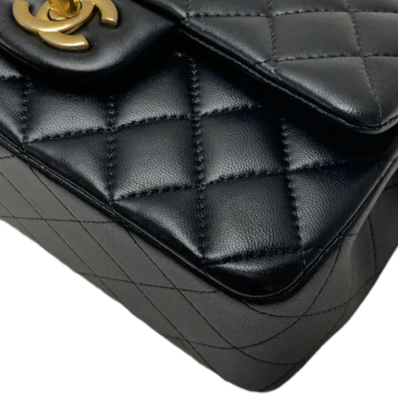 Top Handle Rectangular Flap Mini Lambskin Black GHW