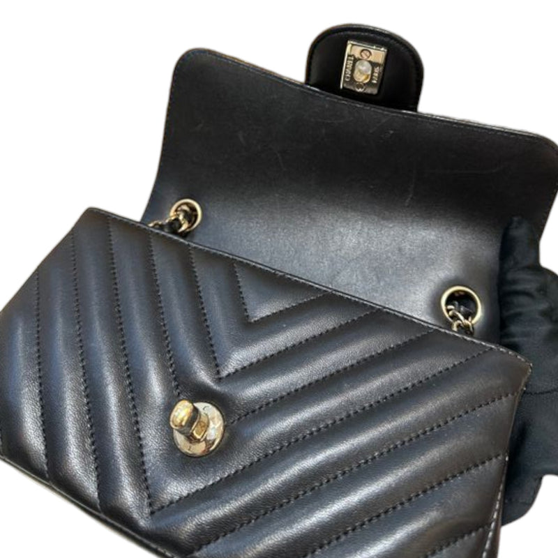 Rectangular Flap Mini Lambskin Chevron Quilted Black GHW