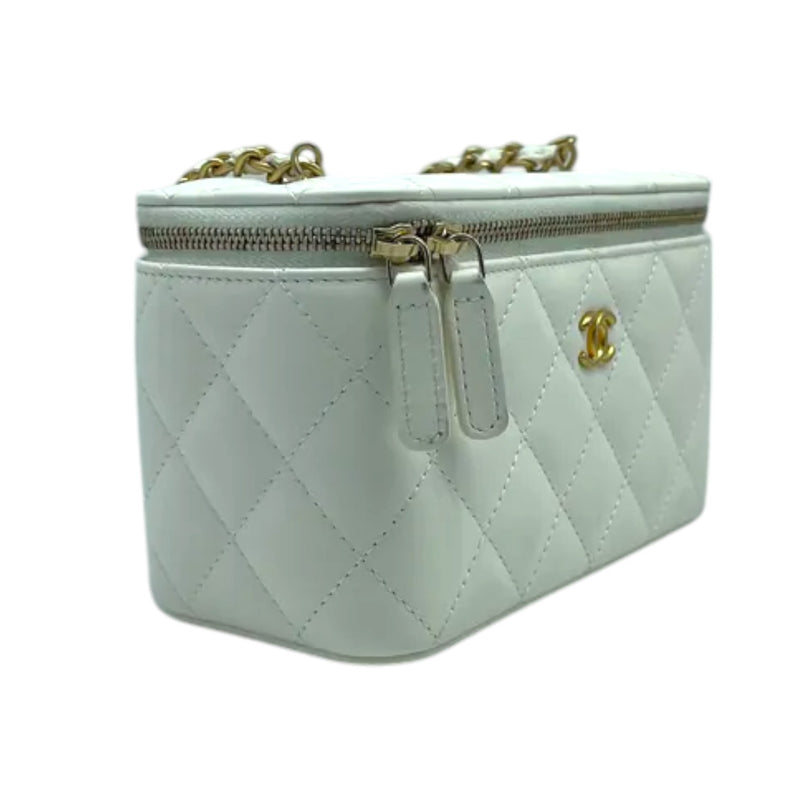 Vanity Case With Chain Pearl Crush Small Lambskin White GHW