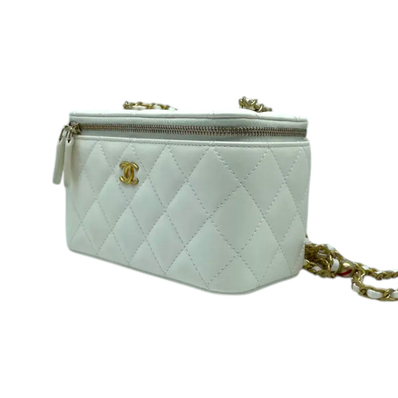 Vanity Case With Chain Pearl Crush Small Lambskin White GHW