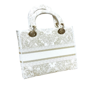 Lady D-Lite Medium Canvas Embroidered White Gold GHW