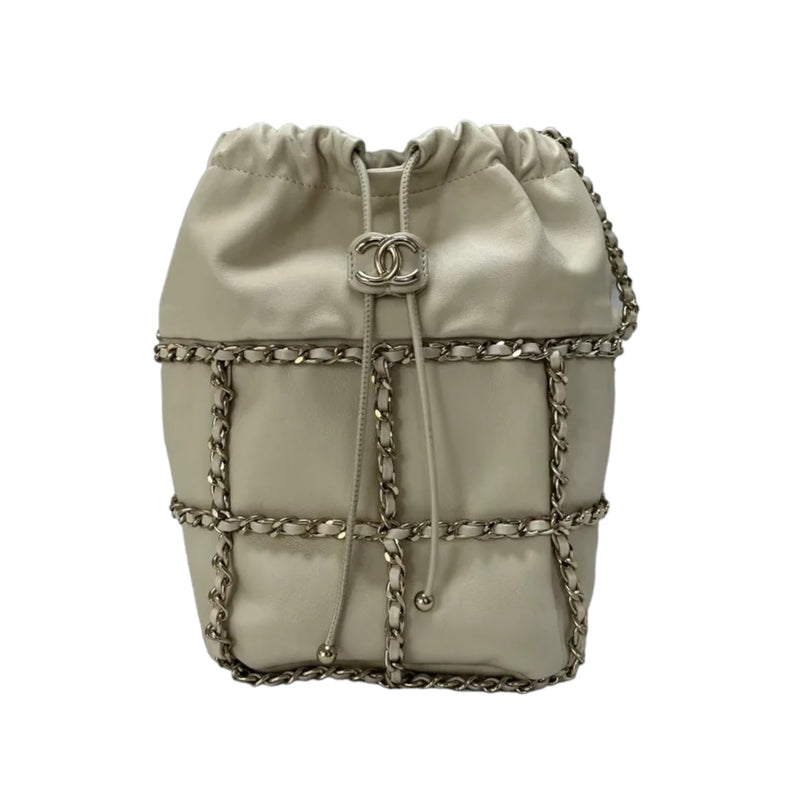 Chain Bucket Drawstring Lambskin White GHW