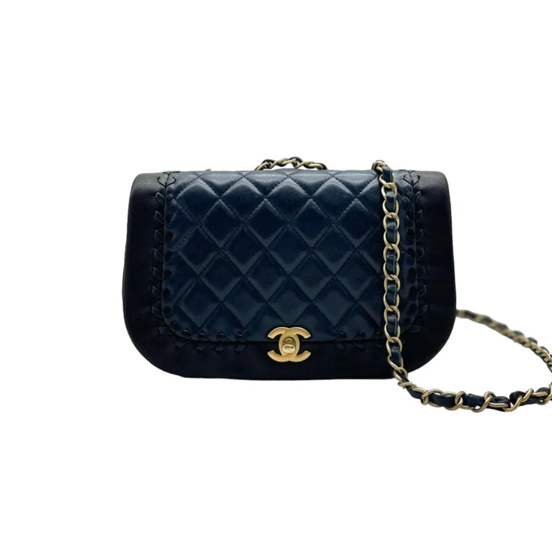 Braided Flap Lambskin Quilted Navy Black GHW