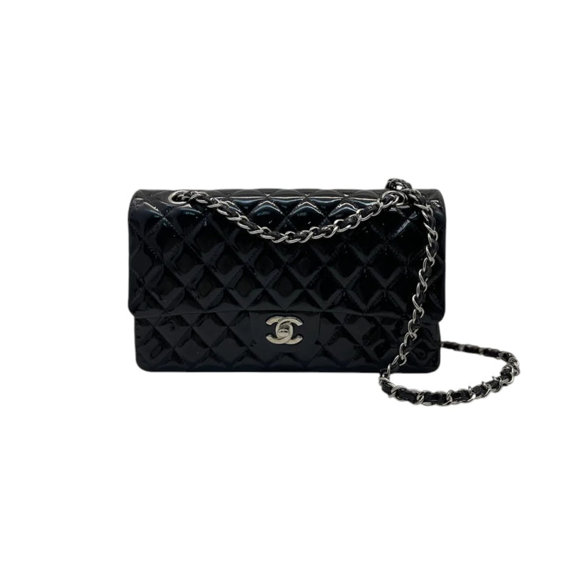 Classic Double Flap Medium Patent Quilted Black SHW