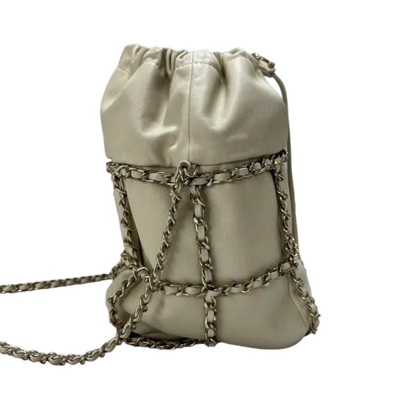 Chain Bucket Drawstring Lambskin White GHW