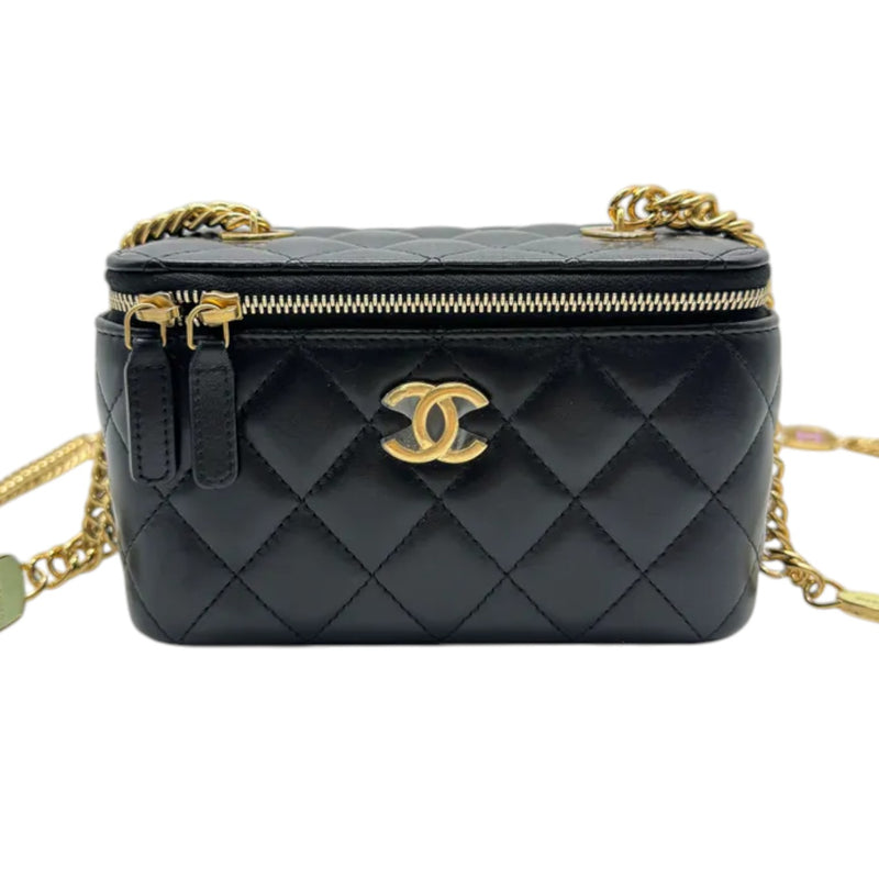 Vanity Case With Chain Lambskin Quilted Black GHW