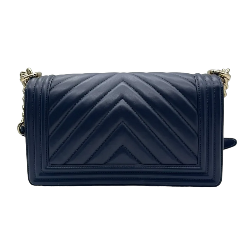 Caviar Chevron Quilted Medium Boy Flap Blue GHW