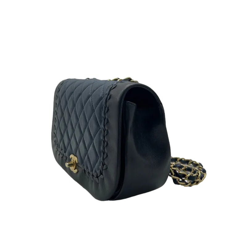 Braided Flap Lambskin Quilted Navy Black GHW