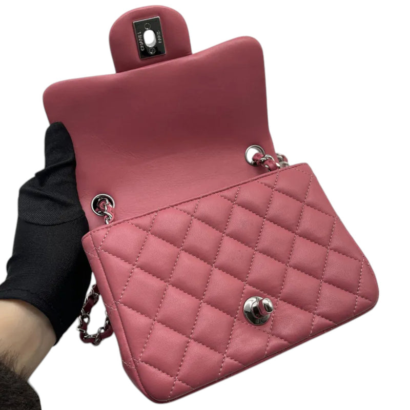 Square Flap Mini Lambskin Quilted Pink SHW