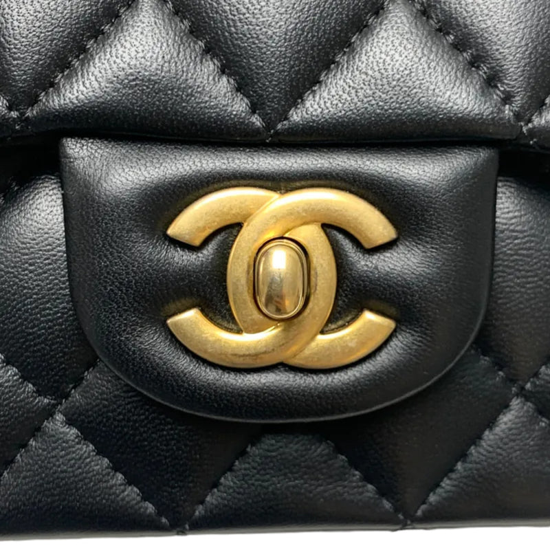 Top Handle Rectangular Flap Mini Lambskin Black GHW