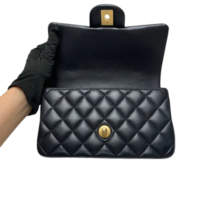 Top Handle Rectangular Flap Mini Lambskin Black GHW