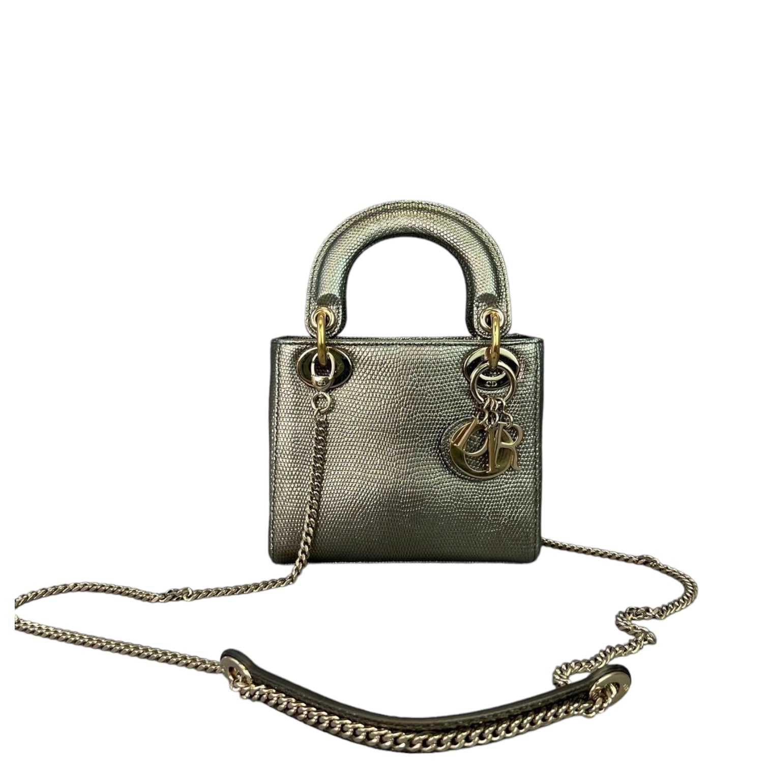 CHRISTIAN DIOR Mini Lady Dior Lizard Print Chain Shoulder Bag Metallic