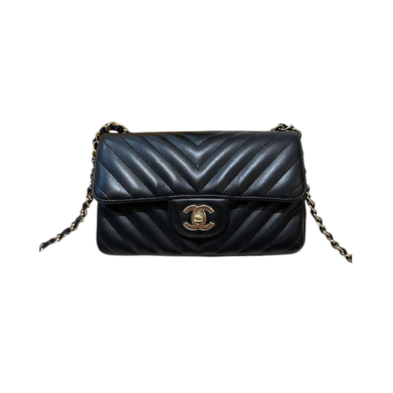 Rectangular Flap Mini Lambskin Chevron Quilted Black GHW