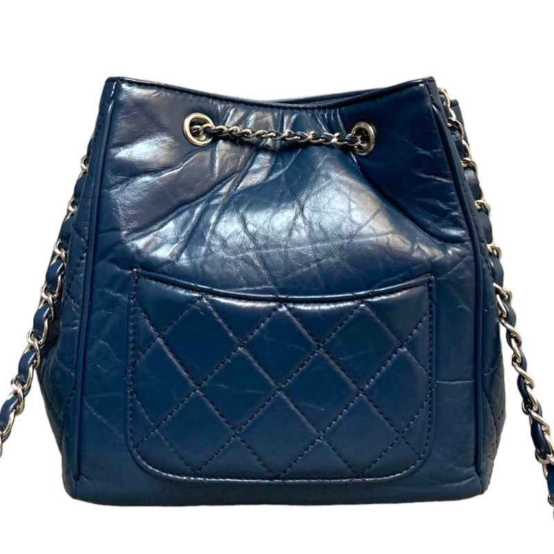 Drawstring Bag Small Aged Calfskin Quilted Blue SHW