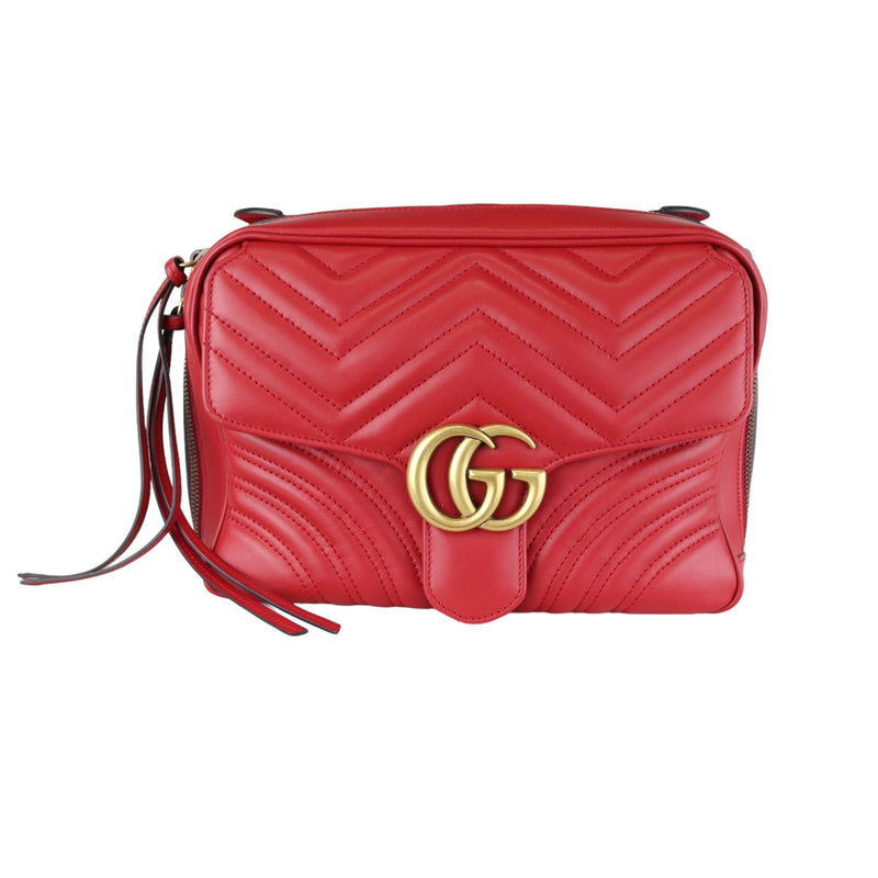 GG Marmont Top Handle Small Shoulder Calfskin Matelasse Red GHW