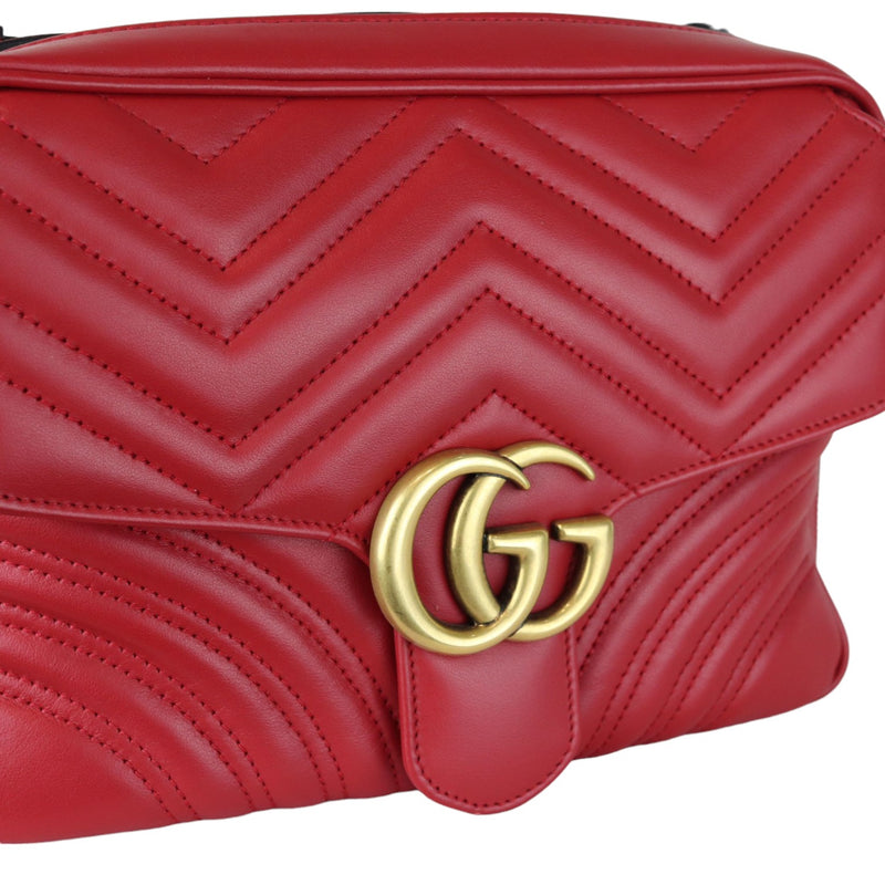 GG Marmont Top Handle Small Shoulder Calfskin Matelasse Red GHW