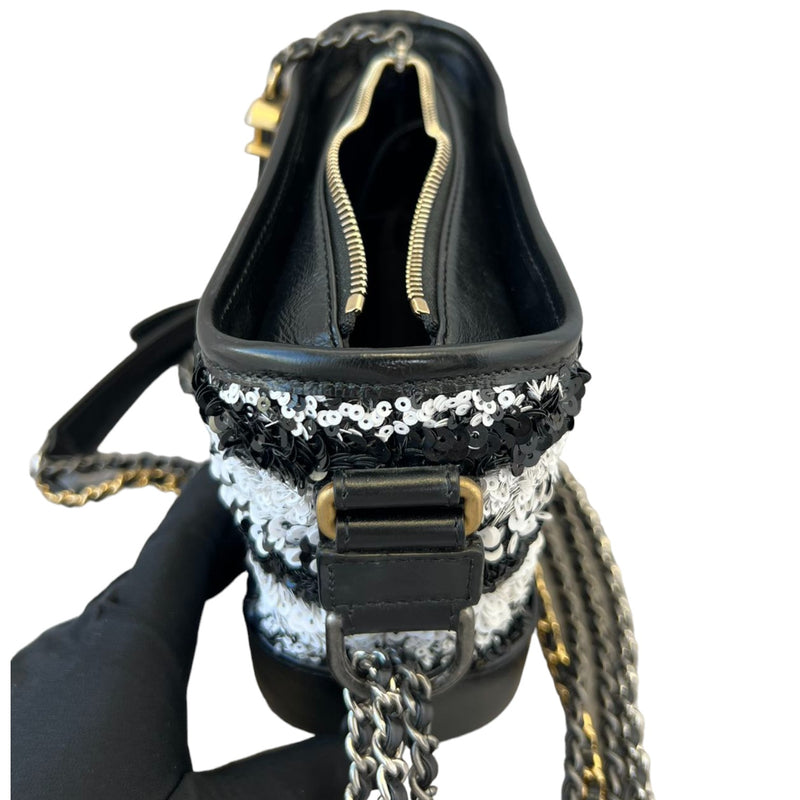 Small Gabrielle Hobo Sequin Calfskin Black White MHW