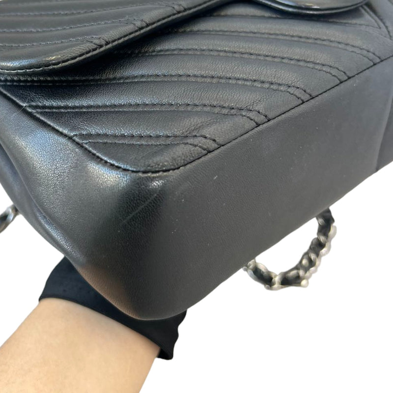 Single Flap Double Stitch Lambskin Chevron Black SHW