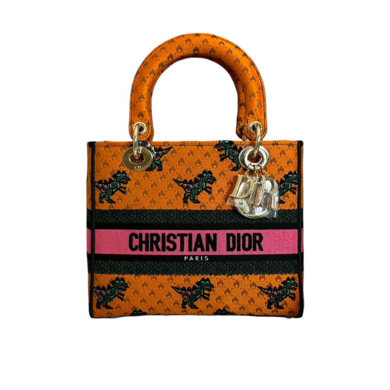 Lady D-Lite Medium Canvas Embroidered Dino Orange Multicolor GHW