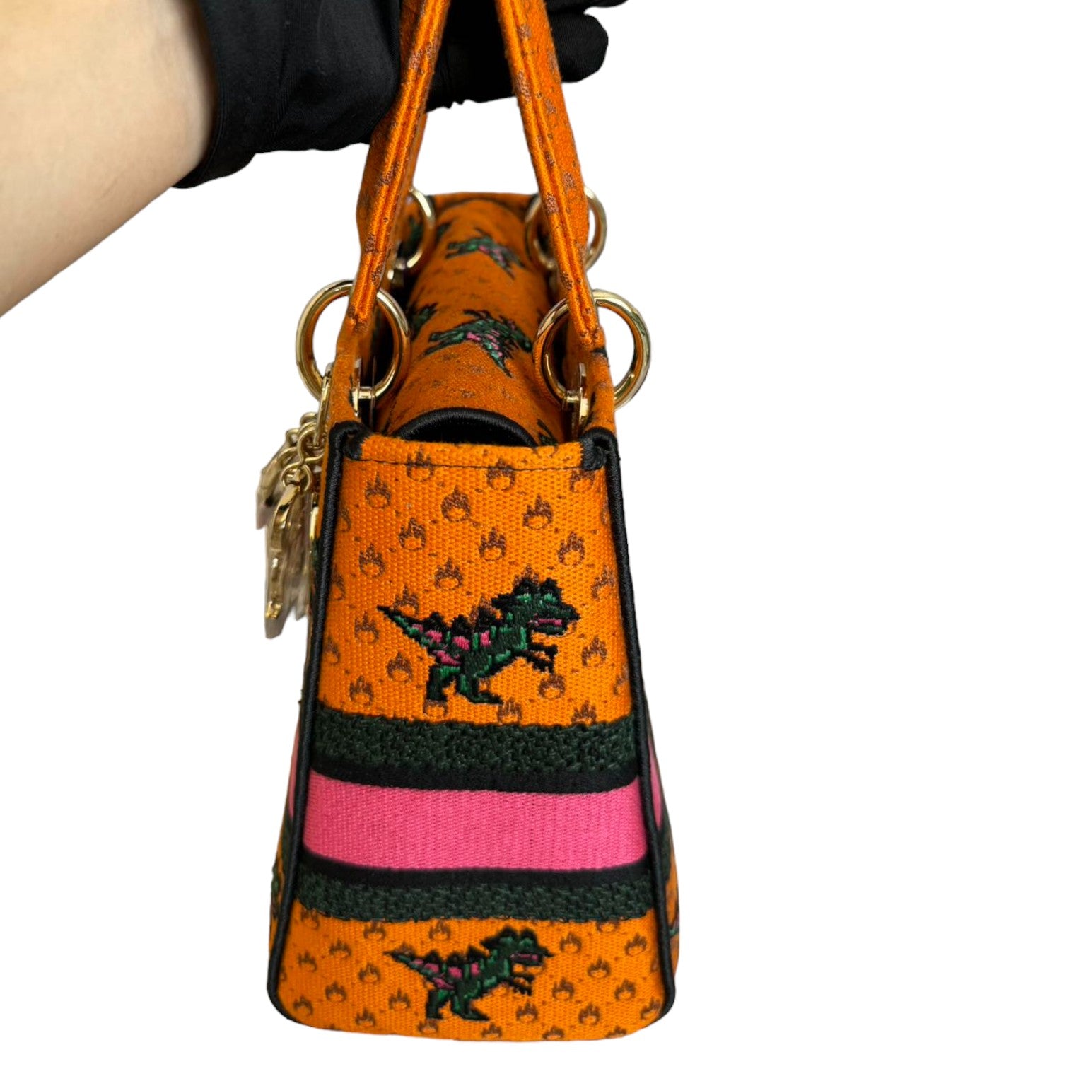 Christian Dior Lady D Lite Medium Canvas Embroidered Dino Orange Multicolor GHW Bag Religion