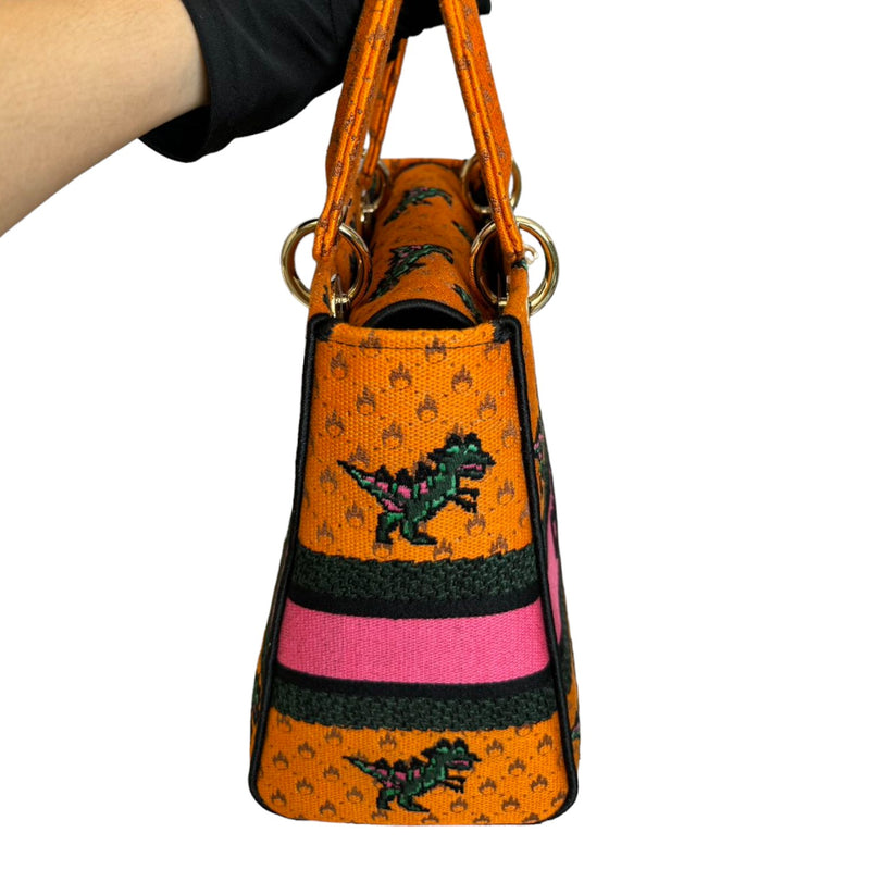 Lady D-Lite Medium Canvas Embroidered Dino Orange Multicolor GHW