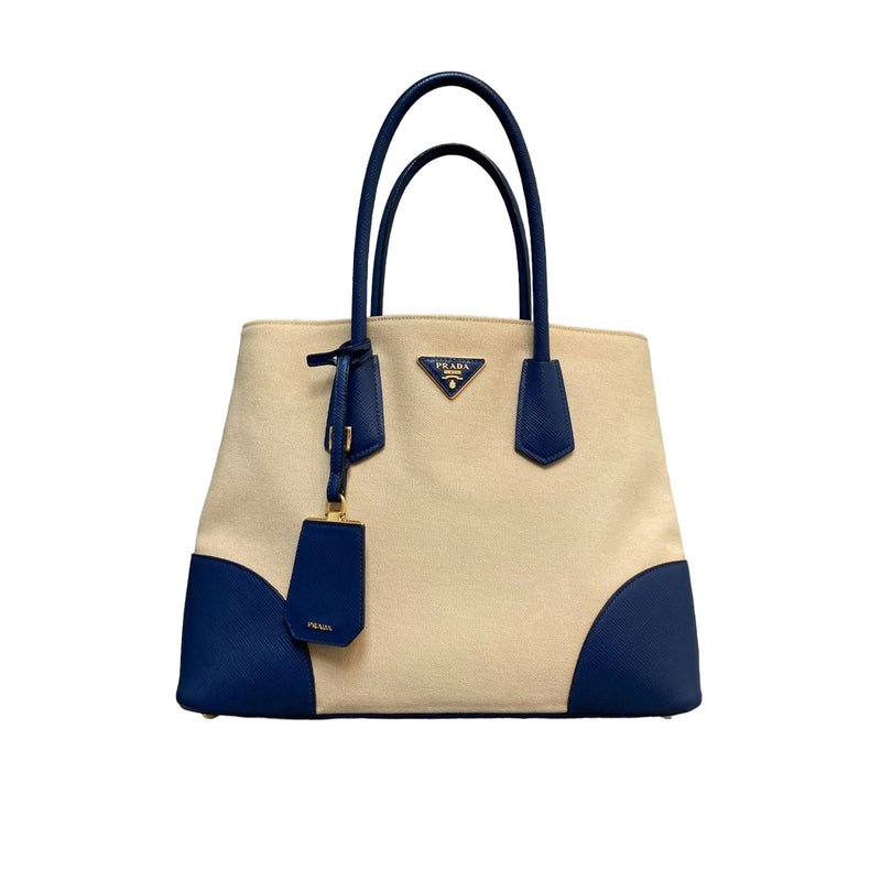 Double Lined Shoulder Canvas Saffiano Beige Blue GHW