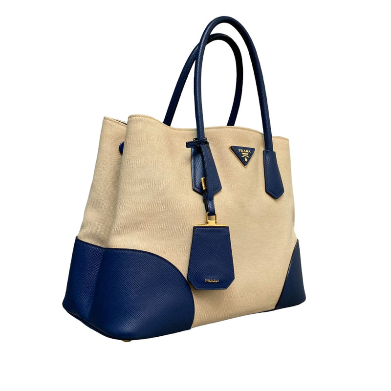 Double Lined Shoulder Canvas Saffiano Beige Blue GHW