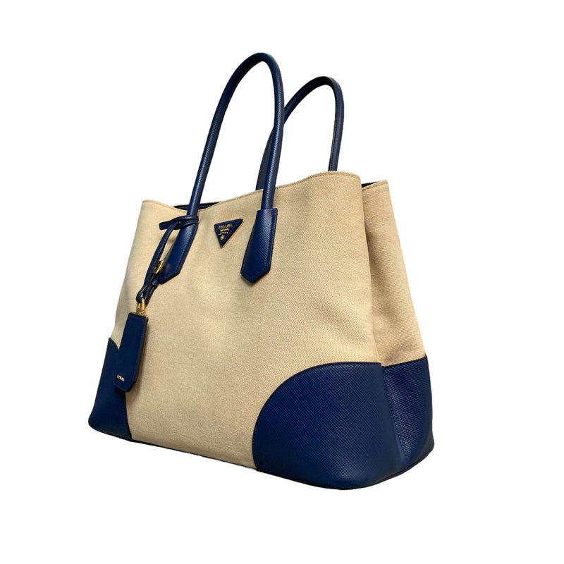 Double Lined Shoulder Canvas Saffiano Beige Blue GHW