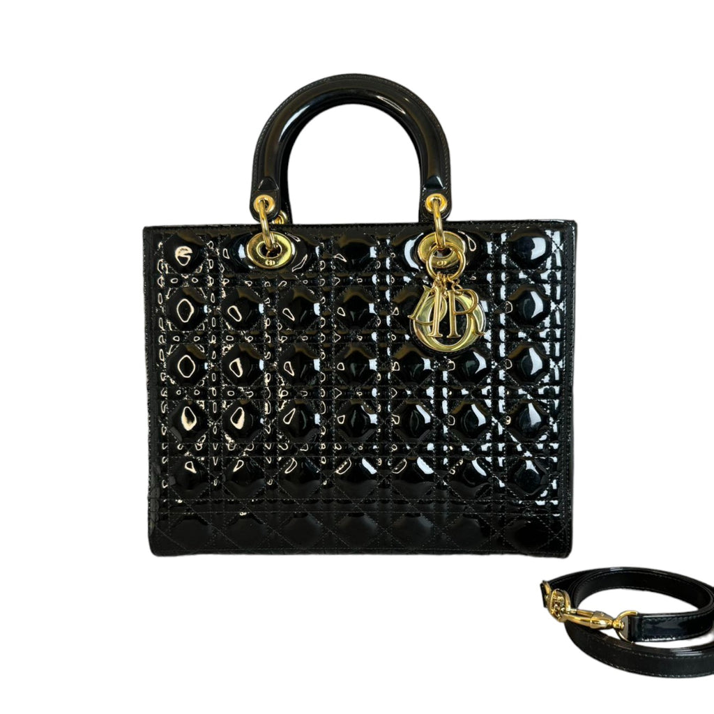 Lady Dior Large Patent Quilted Black GHW