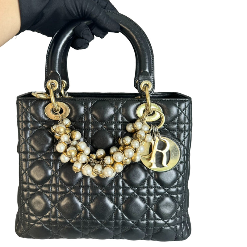 Pearl Lady Dior Medium Lambskin Black GHW