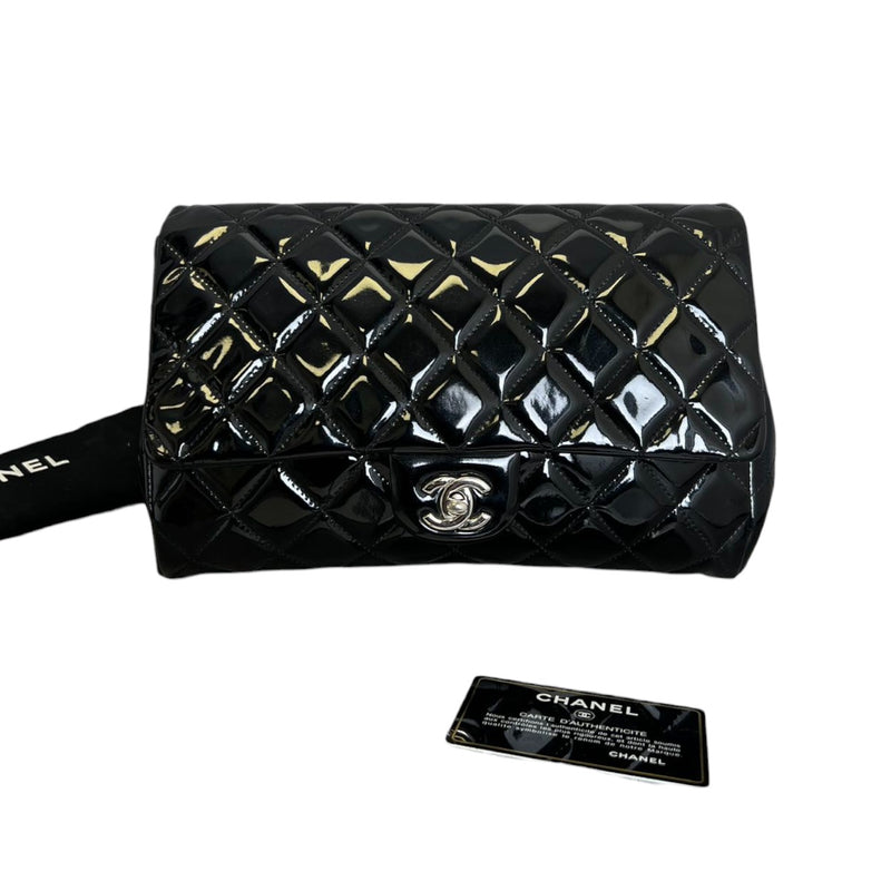 Clutch with Chain Flap Patent Quilted Black SHW