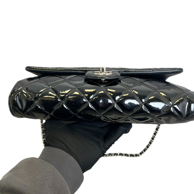 Clutch with Chain Flap Patent Quilted Black SHW