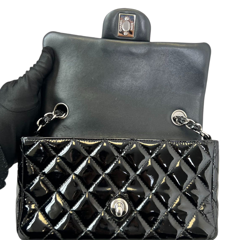 Rectangular Flap Mini Patent Calfskin Quilted Black SHW