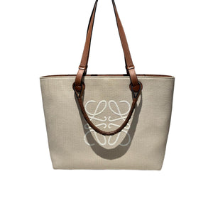 Anagram Tote Small Canvas Calfskin Ecru Tan