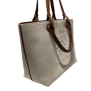 Anagram Tote Small Canvas Calfskin Ecru Tan