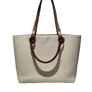 Anagram Tote Small Canvas Calfskin Ecru Tan