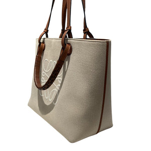 Anagram Tote Small Canvas Calfskin Ecru Tan