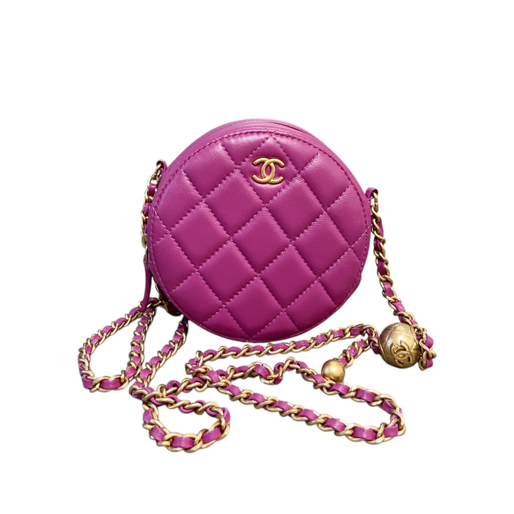 Round Pearl Crush Clutch With Chain Lambskin Purple GHW