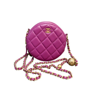 Round Pearl Crush Clutch With Chain Lambskin Purple GHW