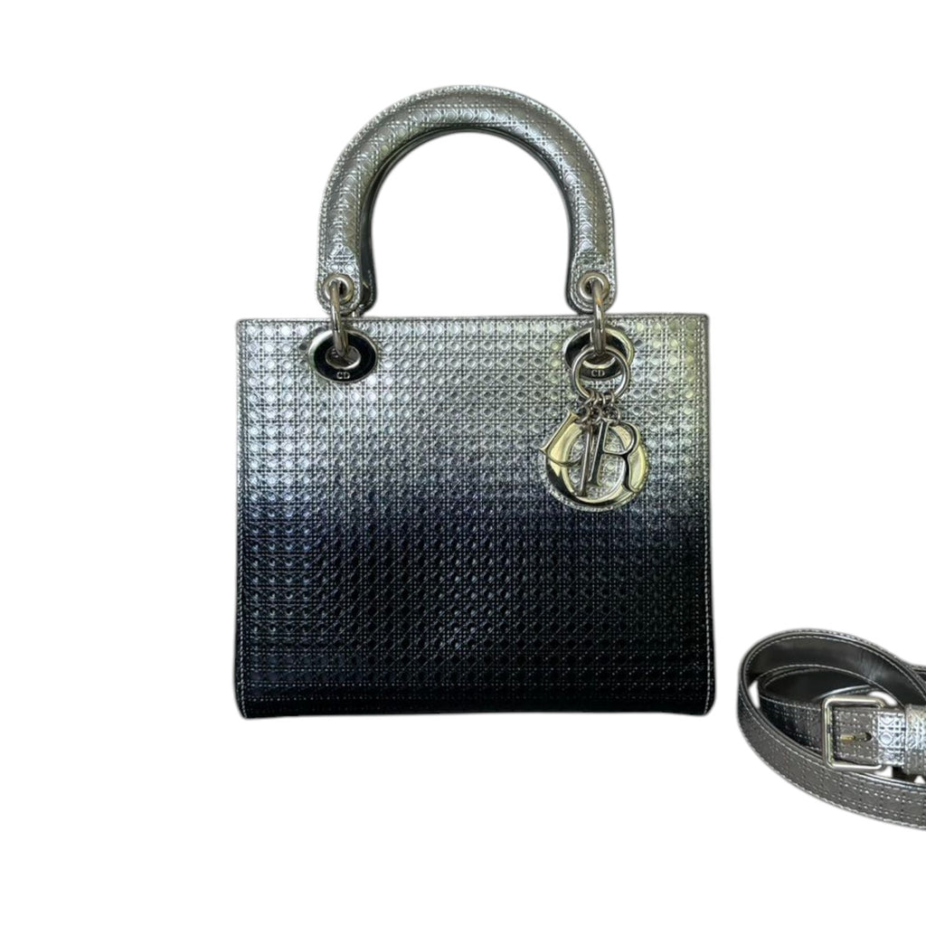 Lady Dior Medium Metallic Patent Micro-Cannage Silver Blue SHW