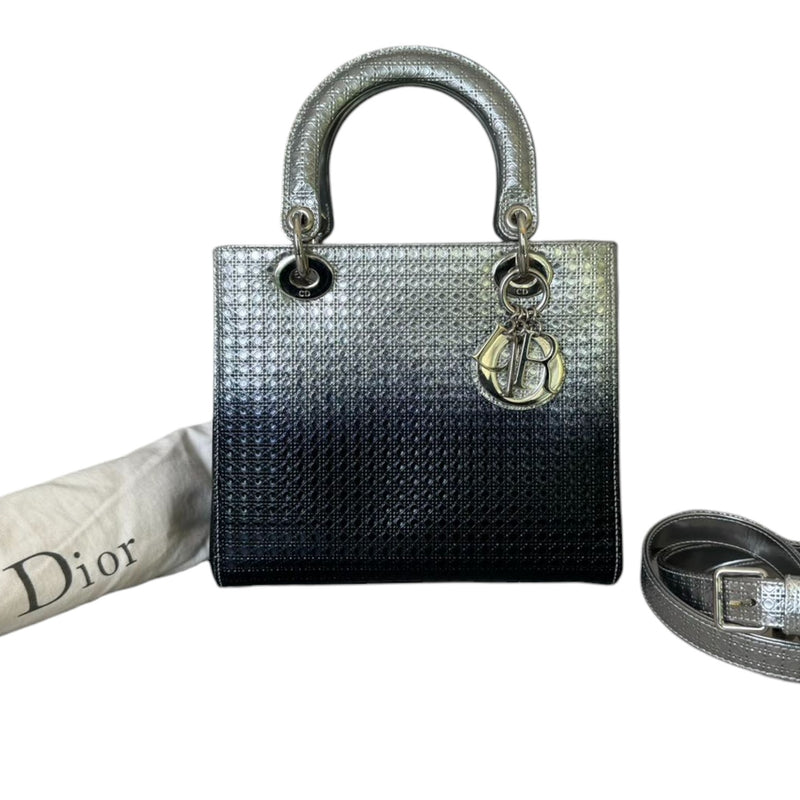 Lady Dior Medium Metallic Patent Micro-Cannage Silver Blue SHW