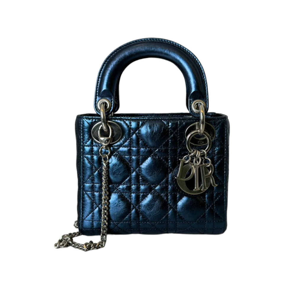 Lady Dior Mini Metallic Lambskin Quilted Dew Blue SHW